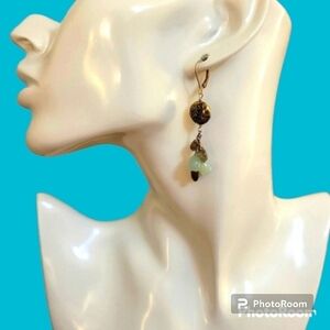 Vtg Brass Moonstone Labrodite Dangle Drop Leverback Hook Earrings